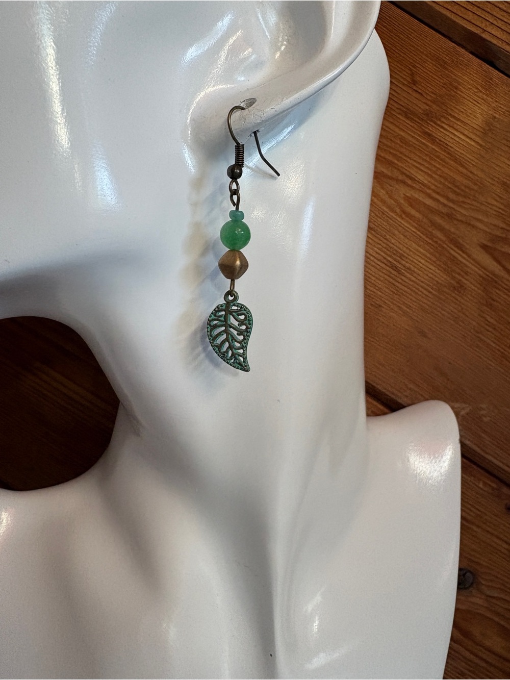 Green Leaf Drop Earrings with Bead Accent